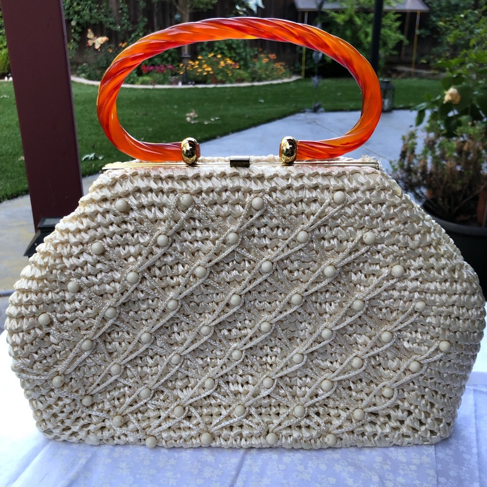 Crochet Raffia Beaded Purse with Lucite handles.